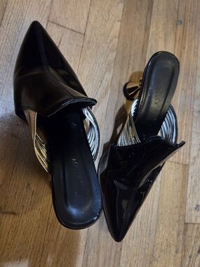 Black Patent Pointed Mule with Gold Coil Accent